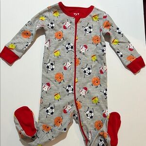 Place Gray Footed One-Piece with Red Trim and Sports Print
